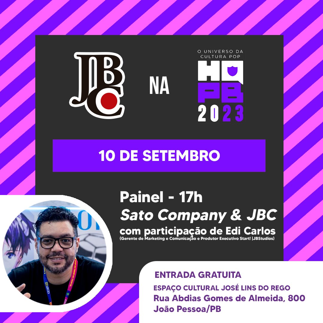editorajbc's tweet photo. E a JBC marca presença no evento no Painel Sato Company &amp; Editora JBC, que será realizado no domingo (10), das 17h às 18h30, com mediação de Luiz Felipe (@Nerdebate) e participação de @edikar  acompanhado por Nelson Akira Sato, presidente da @SatoCompany https://t.co/D8FffWMnvt
