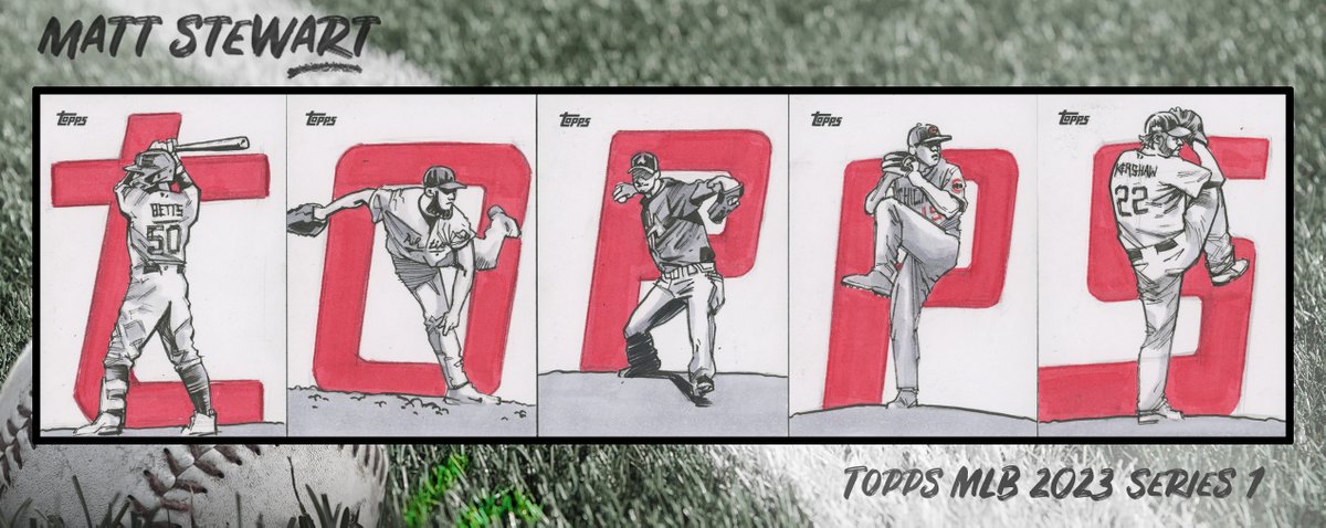 Sketch cards of five MLB pitchers with the TOPPS logo letters in the background that I drew for Topps 2023 Series 1 Baseball. Let me know if you've seen any of these pop up!

#TradingCards #SportsArt