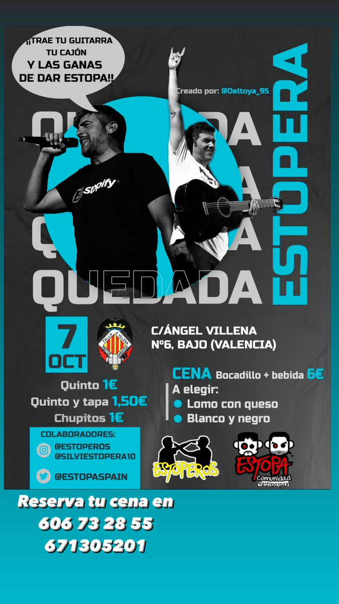 Volvemos!!!
🗓️ 7 de Octubre
volvemos hacer una quedada Estopera en Valencia 
, te esperamos!!!
Cartel elaborado por <a href="/Deltoya_95/">Ana.</a> !!!! 
Gracias 👊 #estopa
