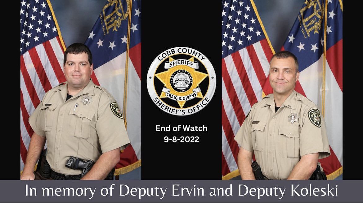 CobbSheriff's tweet photo. Today we remember Deputy Ervin and Deputy Koleski. One year ago tonight they were killed in the line of duty while attempting to serve an arrest warrant. 

“Blessed Are the Peacemakers, for They Will Be Called Children of God” (Matt 5:9) https://t.co/ViwEqQgoUd