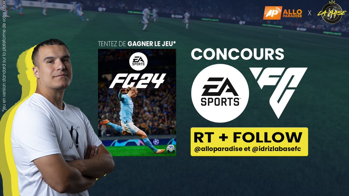 idrizlabasefc's tweet image. Pour fêter mon partenariat avec @alloparadise on vous fait gagner un jeu EA FC24⭐️

Tirage au sort le mercredi 20 septembre ! 

Il vous suffit juste de RT🔄et follow💟@alloparadise et moi même !

🤞Bonne chance à tous🍀