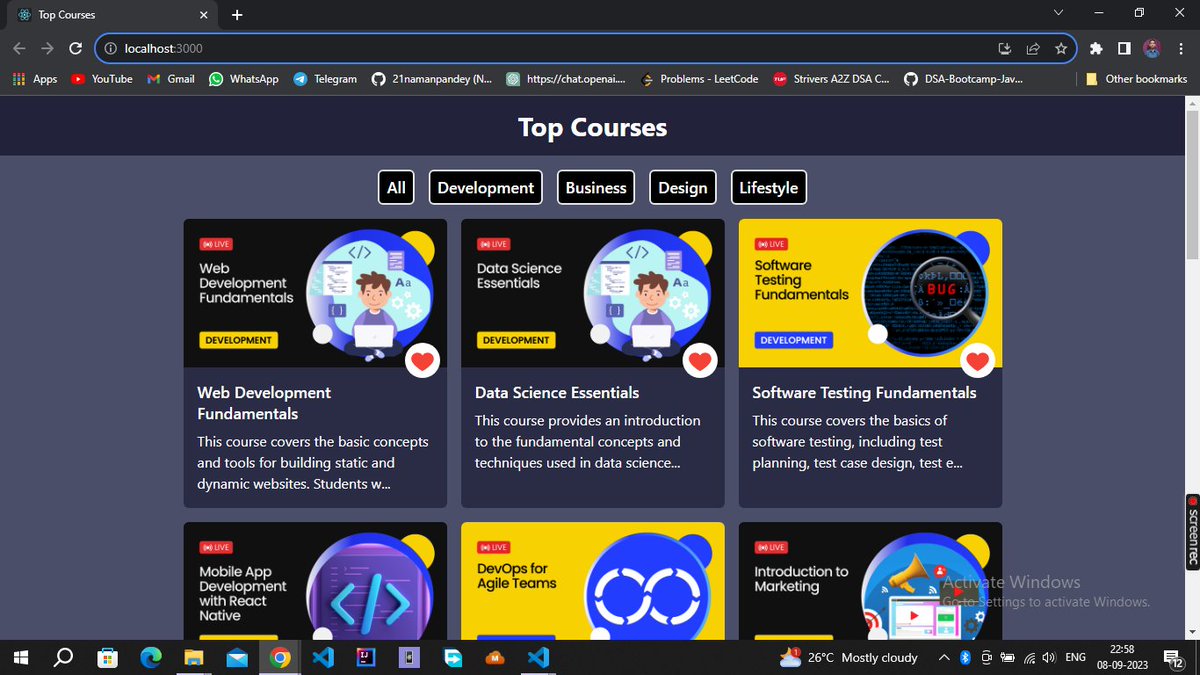 Progress update on the Top Course web app: CSS done, left with some React tasks.

#happycoding #webdevelopmentjourney

#WebDevelopment #React #TopCourses #css