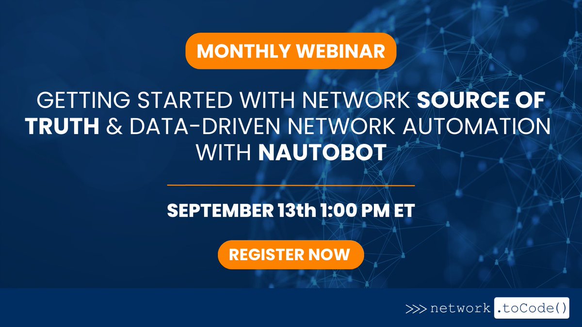 networktocode's tweet image. Next week! Take back control of your network with a data-driven approach to #networkautomation with Nautobot. Join our monthly webinar to learn all about #SourceofTruth, the difference between intent and reality, and an intro to #Nautobot!

Register here: hubs.ly/Q021Dtqp0