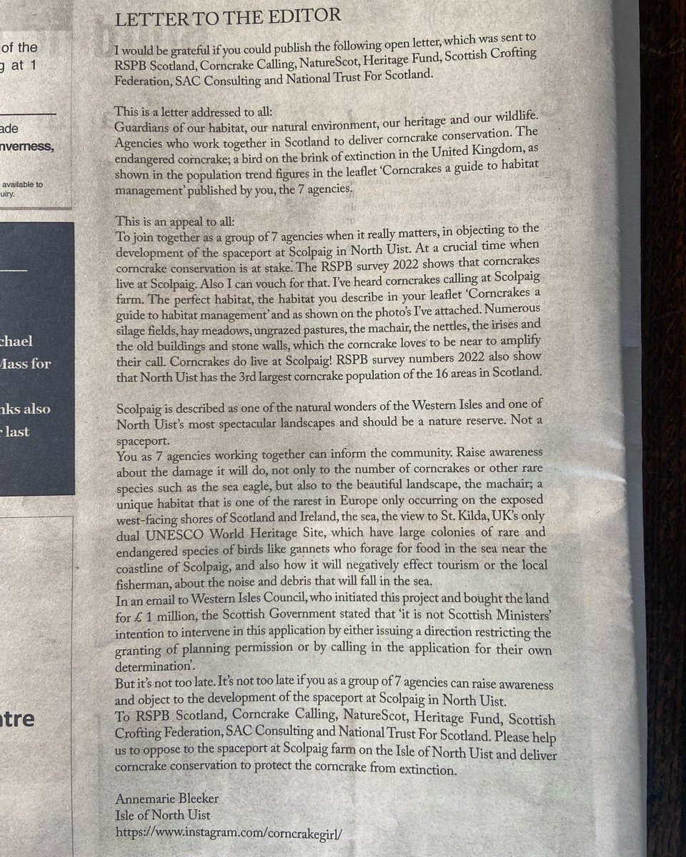 Open letter in <a href="/ampaipear/">Am Pàipear</a> to conservation agencies 🙏
#caraideansgolpaig #norockets #sustainability #environment #ecology  #scottishislands #scottishheritage #savetheplanet #saveouroceans #savethebeach #savetheplanet #guardian #ampaipear #rspb #corncrake #rarebirds