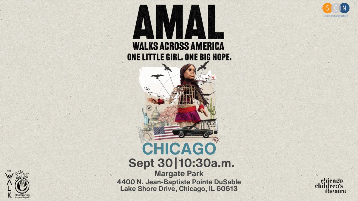 SCN_Network's tweet image. Little Amal is in the U.S.! The 12-foot tall puppet of a Syrian refugee girl is coming to Chicago on September 28! SCN will be taking part in the events below. Visit conta.cc/462helJ to learn about all the events at every stop along her journey. #AmalWalksUS #LittleAmal