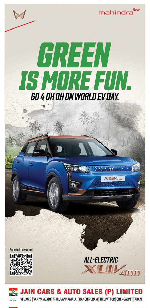 Jains Mahindra We cordially invite you to Join us & Celebrate the “WORLD EV DAY” on 9th Sep 2023

#jaincars #jainsmahindra #mahindra #MahindraXUV400 #WorldEVDay #Mahindra #XUV400 #MahindraAuto #mahindraxuv400ev