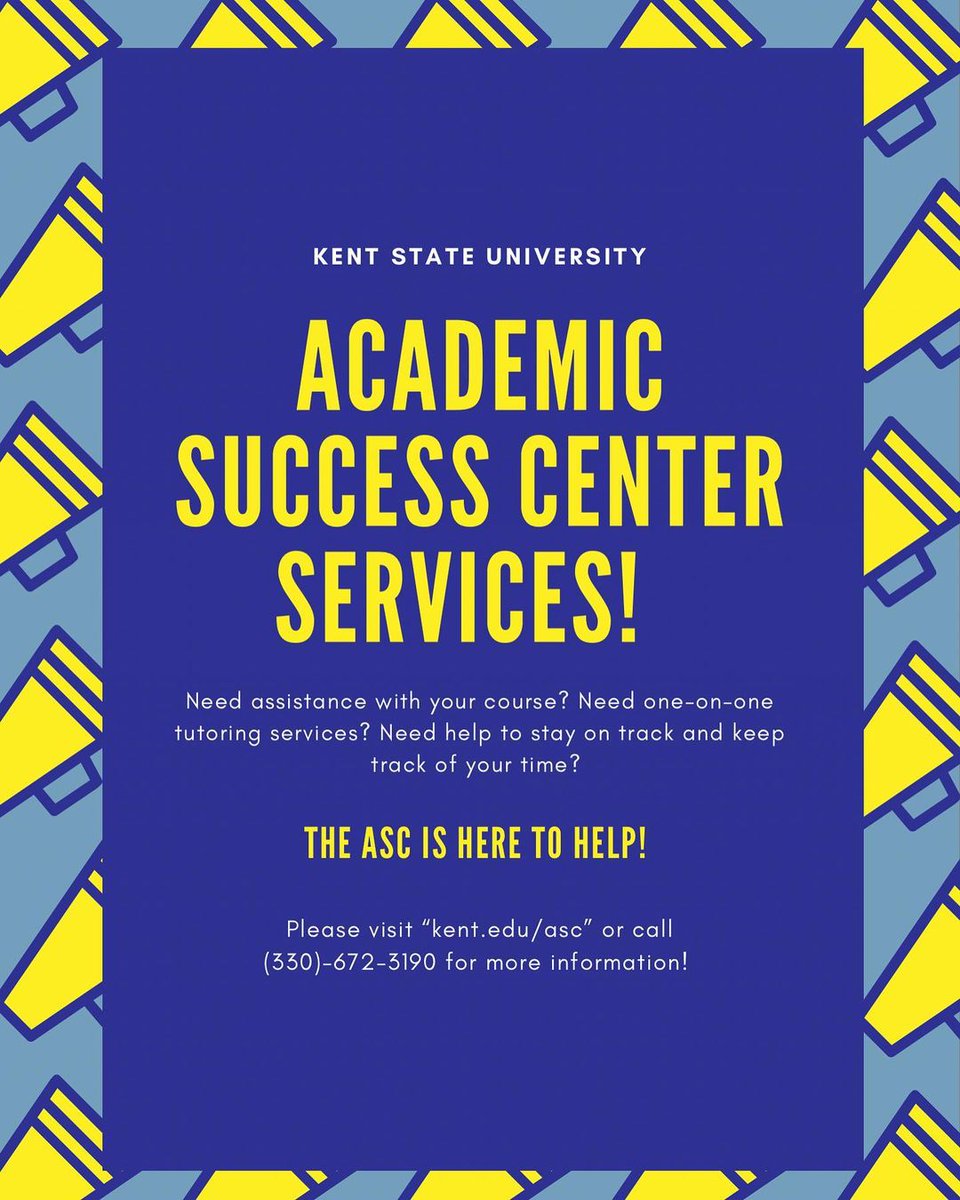 KentState_ASC's tweet photo. The ASC is here for you! Our programs include Supplemental Instruction, Tutoring, and Academic Coaching! All three are set up to maximize your experience in your courses and to set you up for academic success!
Connect with us to learn more! 💛💙⚡️
#KentState #kentstateasc https://t.co/3LYX7Qb3jY