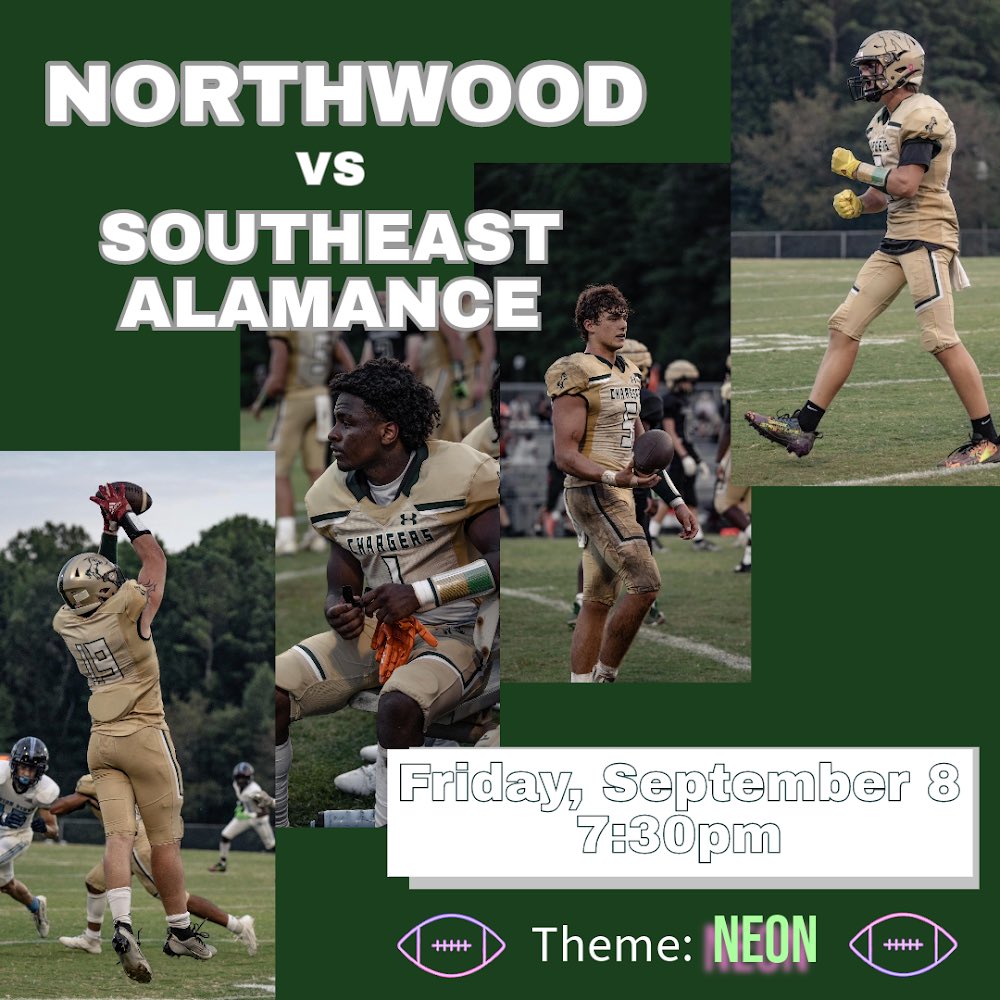 ⚠️GAMEDAY⚠️

Theme: NEON

🗓️ September 8
⏰ 7:30pm (tailgate at 6:30)
📍 Northwood High School 
#ALLN