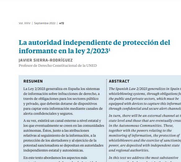 📖Bibliografía de interés:

Sierra-Rodríguez, J. (2023) @sierramurcia 

👉'La autoridad independiente de protección del informante en la Ley 2/2023'. 

Revista Española de Control Externo, núm. 72.
@tcu_es 

Acceso: 
recex.tcu.es/export/sites/n…