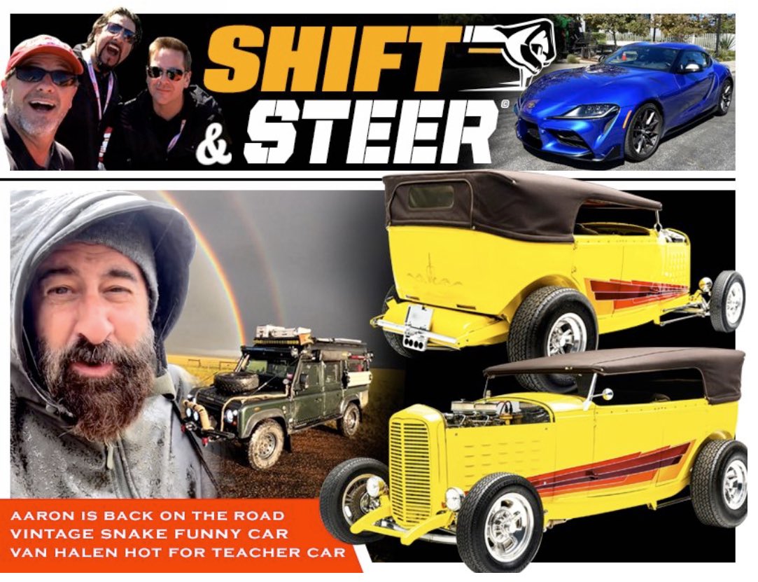 Episode 404 
<a href="/aaronhagar/">aaron hagar</a> returns from Colorado and tells tales.
<a href="/roncapps28/">Ron Capps</a> races @hotwheelsofficial 
The <a href="/vanhalen/">Van Halen</a> video car sells.
<a href="/motorator/">motorator</a> drives the Supra
<a href="/ShiftSteerMedia/">Shift and Steer</a>