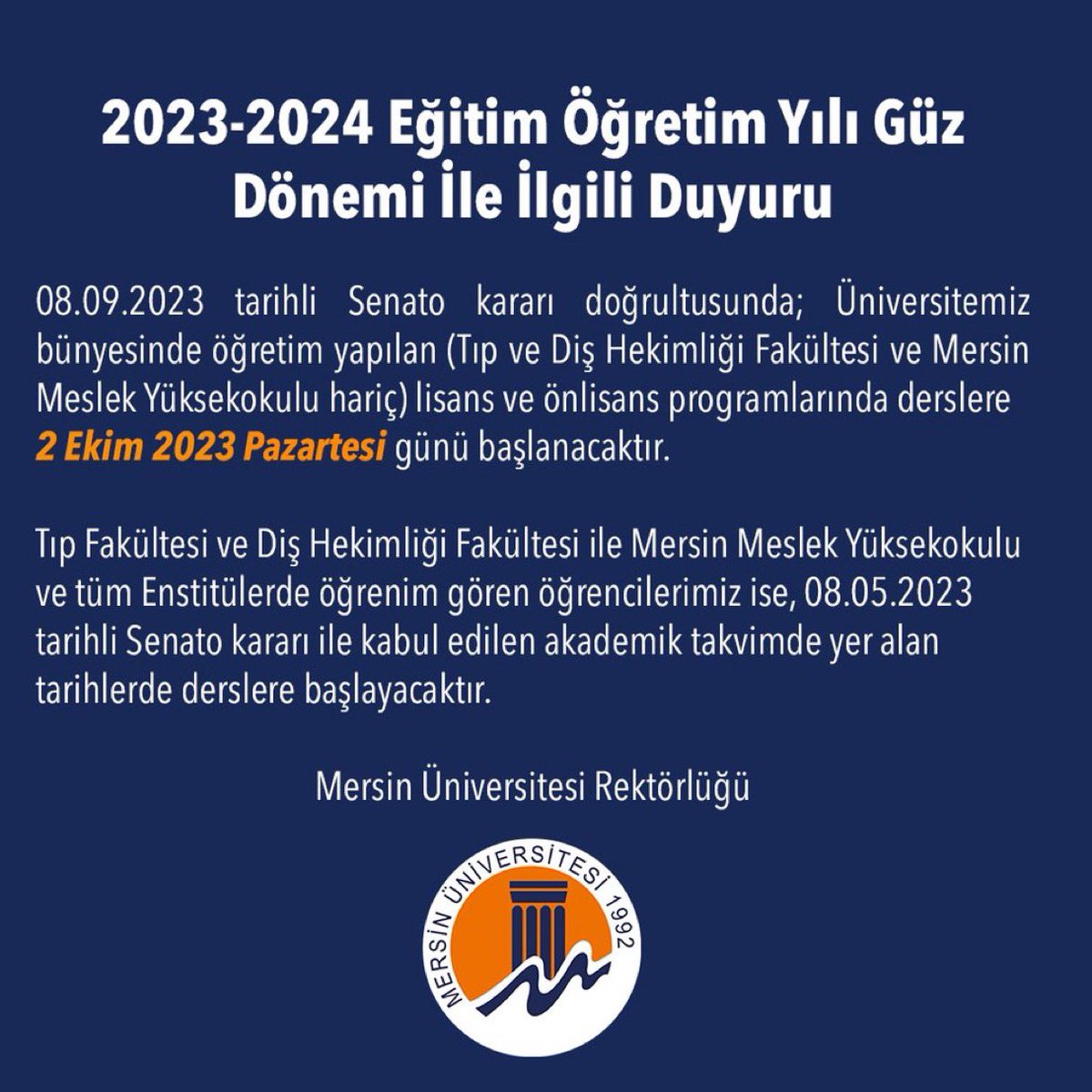 Üniversitemizin 2023-2024 Eğitim Öğretim Yılı Güz Dönemi İle İlgili Duyurusu 👇👇