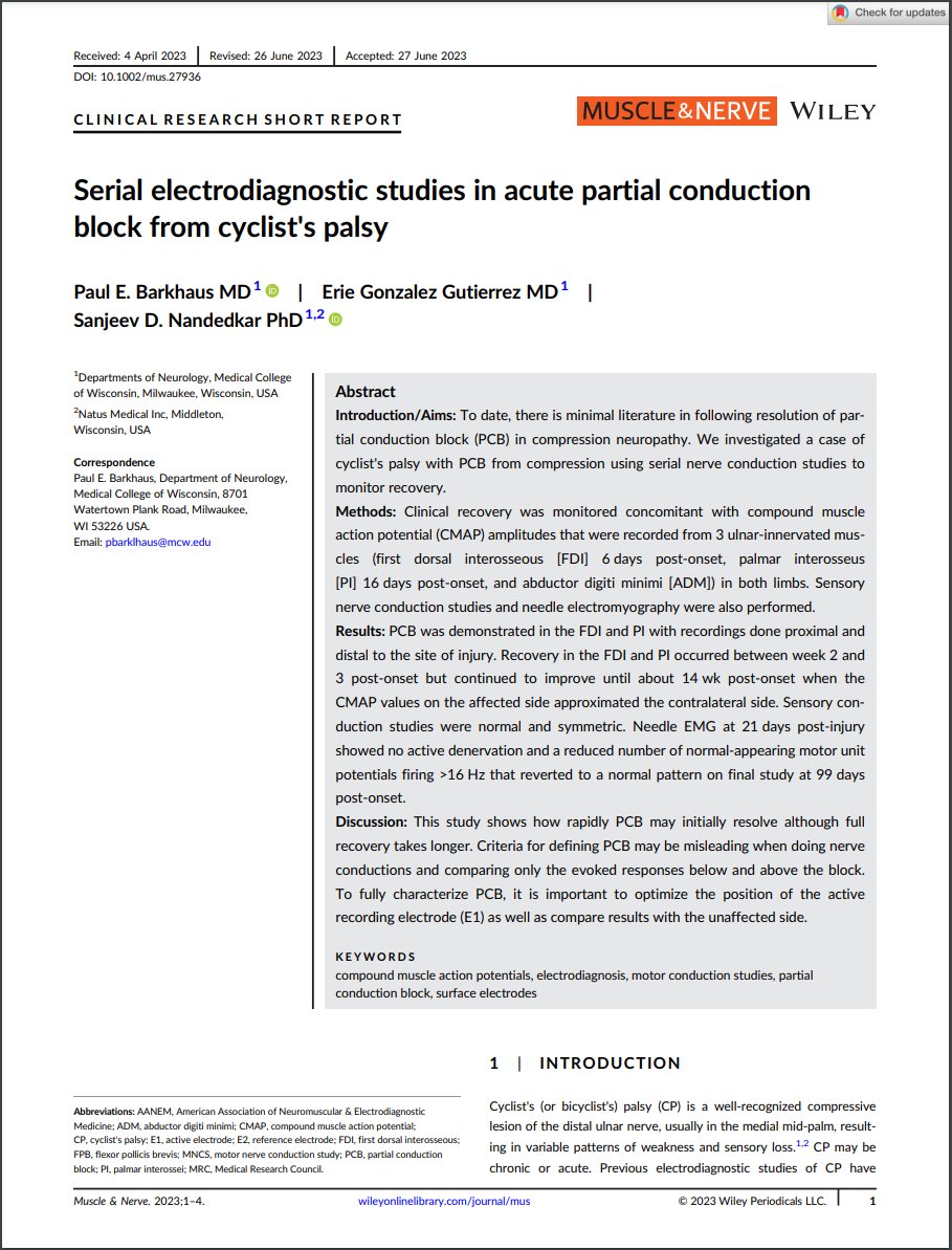 Sharing our recent paper on serial electrodiagnostic studies in acute partial conduction block from cyclist's palsy. <a href="/NeurologyMCW/">Neurology MCW</a> 

doi.org/10.1002/mus.27…