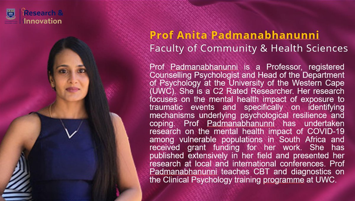 UwcResearch's tweet photo. [𝐋𝐈𝐕𝐄] Introducing our 11th Award for the category Research Excellence Awards: Women in Research.

The winner is: Prof Anita Padmanabhanunni

#makingresearchcount 
#iamuwc 
#DVCRI https://t.co/jxpTy2z4zY