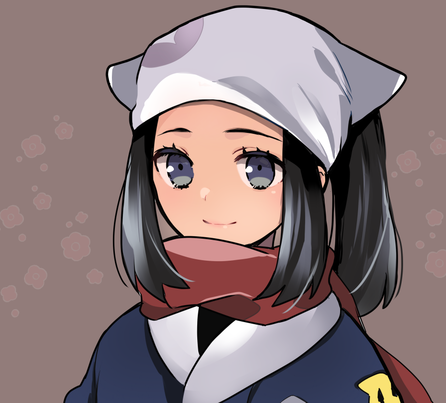 akari (pokemon) 1girl solo smile scarf black hair closed mouth head scarf  illustration images