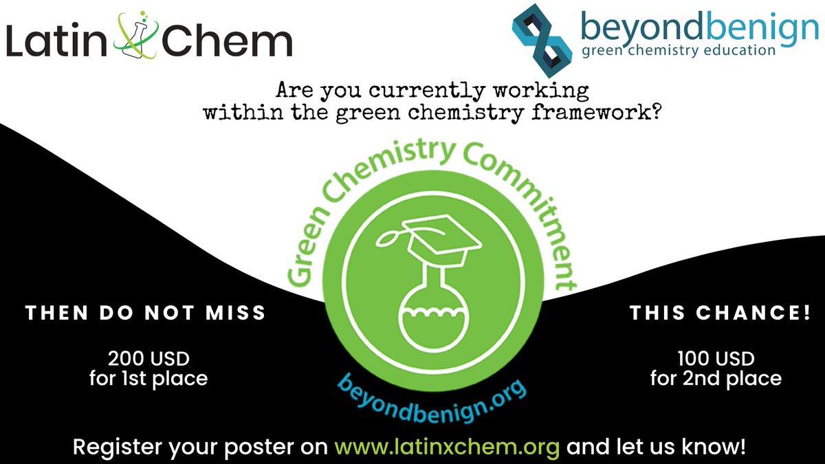 LatinXChem's tweet photo. Don’t miss the opportunity to take part in #LatinXChem23 by registering your poster on our website, https://t.co/lFgSxtPlTA. You have a chance to win up to USD 200 from @beyondbenign if your poster is related to green chemistry! The registration deadline is September 30th. https://t.co/lHZJ4oKBi7