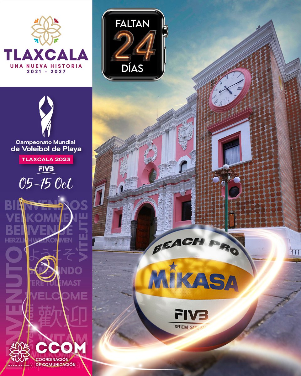 ¡A 24 días del Campeonato Mundial de Voleibol de Playa, #Tlaxcala 2023‼️#CMVPT2023 🟣
🌐Visita la página oficial del evento en: mundialtlaxcala2023.com
🎟  Compra tus boletos en: boletomovil.com/beach-volleyba…
#UnaNuevaHistoria