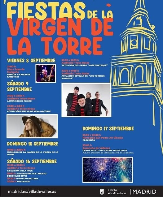 🎉 ESTAMOS EN FIESTAS ‼🥳

Del 8 al 17: FIESTAS DE LA VIRGEN DE LA TORRE

A las 21:00h., en Pl. Juan de Malasaña, pregón a cargo de RAMONCÍN, uno de los nuestros 🥰

A divertirse!!

diario.madrid.es/villavallecas/…

#LoMejorDelBarrio #YoComproEnElBarrio #VilladeVallecas #VirgenDeLaTorre
