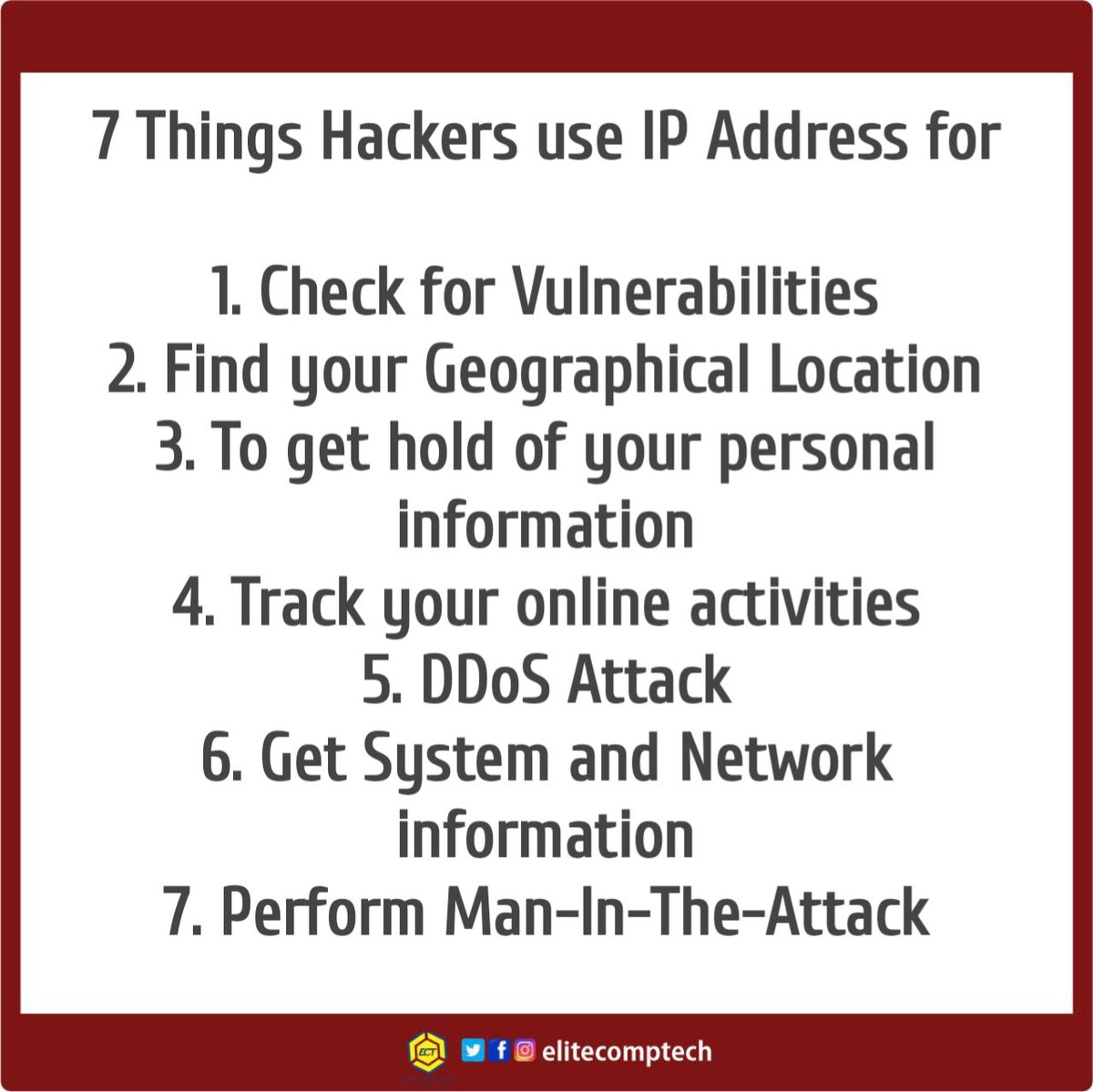 elitecomptech's tweet photo. 7 things Hackers uses IP Address for.
#cybeesecurity #elitecomptech https://t.co/s2ZMfUQKOJ