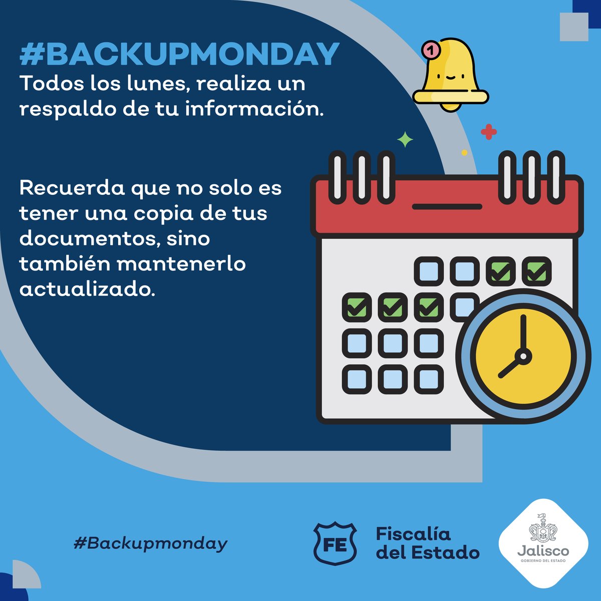 CiberneticaJal's tweet image. Programar las copias de seguridad te permitirá que, en caso de ser necesario, recuperar tus archivos sea más sencillo.
#Backupmonday
#Prevencióndeldelito
#CibernéticaJalisco