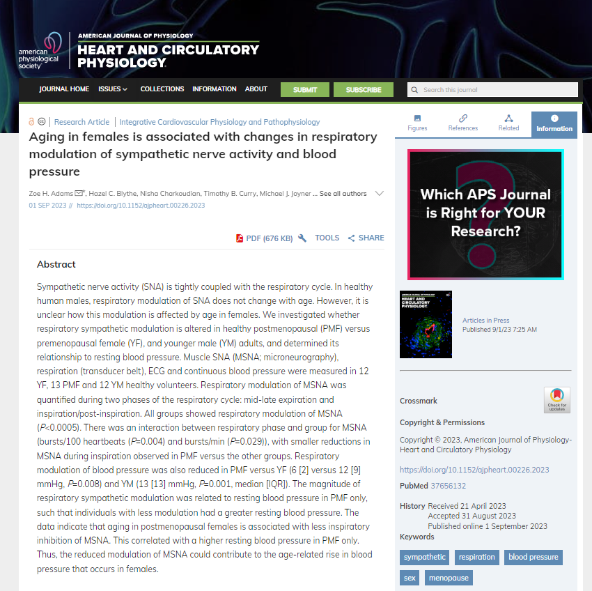 New in @ajpheartcirc: #Aging in #females is associated with changes in respiratory modulation of sympathetic nerve activity and blood pressure (Adams et al.) ow.ly/jylR50PIZbB @ncharkoudian @DrMJoyner @BristolUni #Menopause #BloodPressure