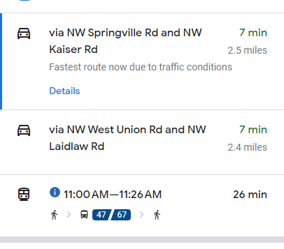 Trintelpathy's tweet photo. @trimet @OregonDOT 
This is why ridership is so low. 
If I have to run a quick errand, do I choose something that will have a total to and fro ride time of almost 1 hour, or a to and fro ride time of 15 minutes? https://t.co/CgVuGTz6HI