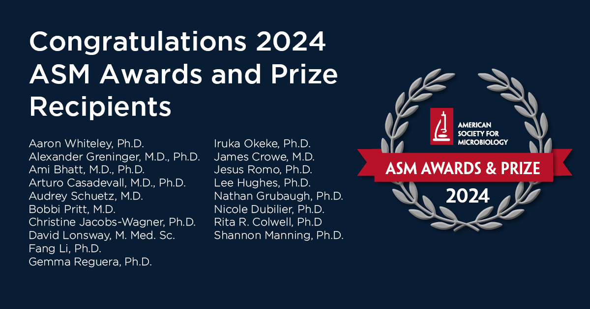ASM announced the recipients of its 2024 Awards and Prize Program, recognizing leading scientists and researchers in the microbial sciences for their professional accomplishments and contributions to the field: asm.social/1qx #ASMawards