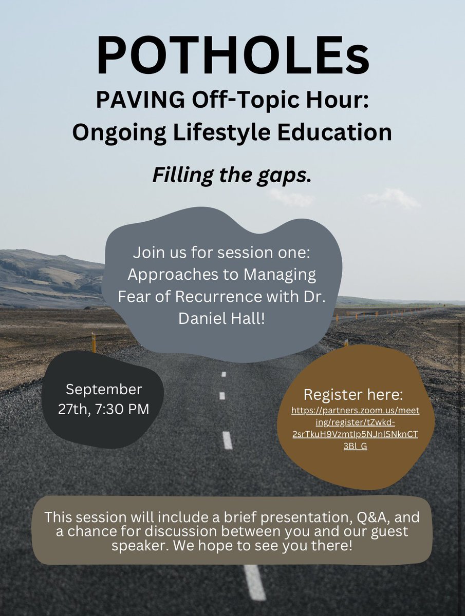 Daniel Hall, PhD, will lead an upcoming talk on Approaches to Managing Fear of Recurrence

September 27th, 7:30pm ET

Registration is open now for cancer survivors—feel free to share!

partners.zoom.us/meeting/regist…

#cancersurvivors #survivor #cancer #fearofrecurrence #CancerResearch