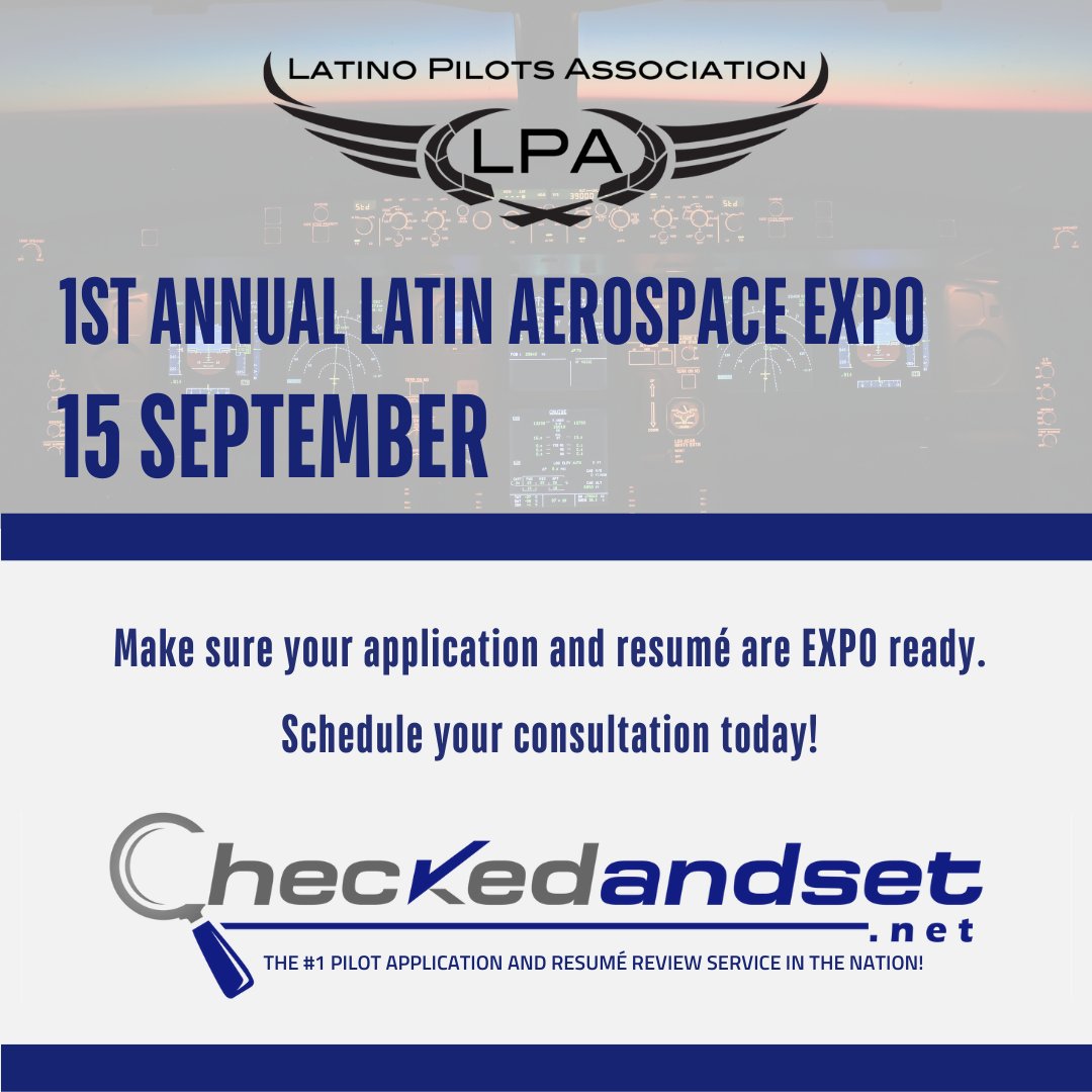 CheckedAndSet's tweet image. Make sure your application and resumé are @LatinoPilots (LPA) EXPO ready.

OUR TEAM IS UNMATCHED IN EXPERIENCE AND HIRING SUCCESS RATES with over 7,000 CJOs

Schedule your consultation TODAY.

#aviationjobs #pilotjob #aviationcareer #pilot #military #armedforces #checkedandset
