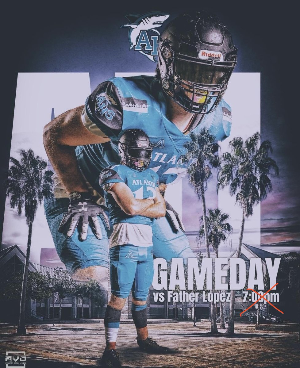 Tonight’s football game is postponed. Game will be played this Monday 9/11 at 6:30pm at Atlantic High School. #SharksAllDayEveryDay