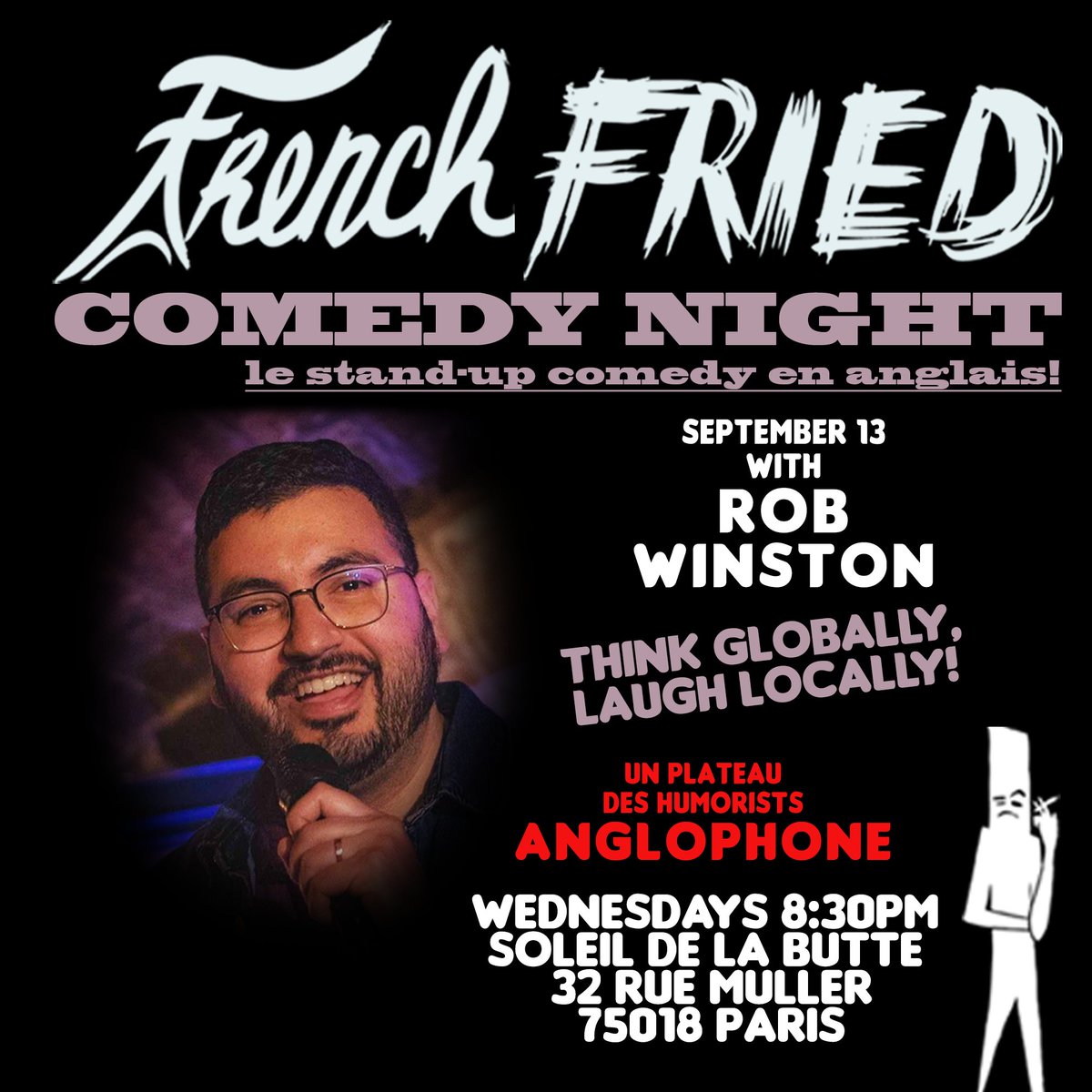 roberthoehn's tweet photo. Enjoy stand-up #comedy in #English and dinner, drinks and sightseeing in Montmartre while you’re at it! #StandUpComedy in #Paris: #FFCN Wednesdays 8:30pm au Soleil de la Butte 32 rue Muller 75018 #expatsparis #comedyinparis #standupparis reserve here: https://t.co/35f4pPrg8G https://t.co/LdNUzOYULE
