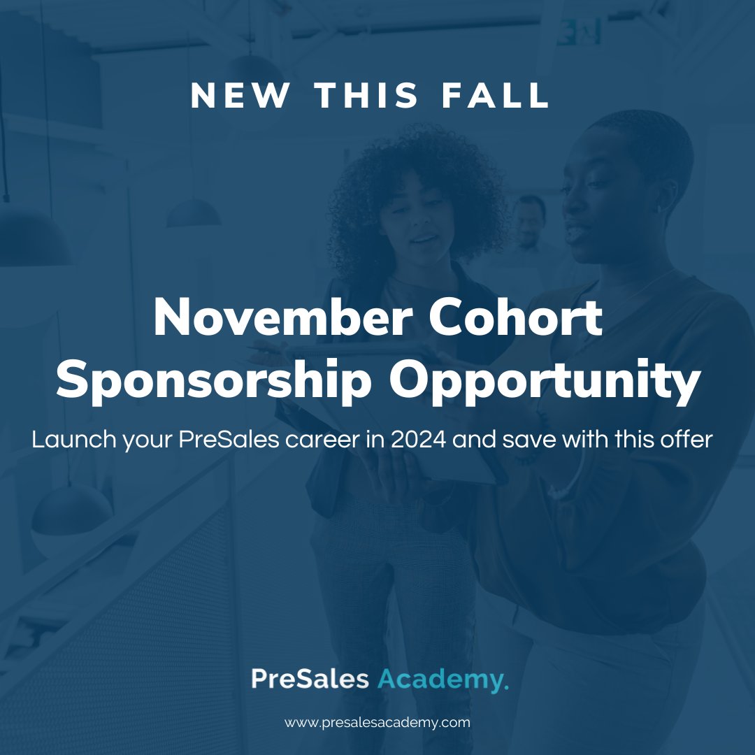 PreSalesAcademy's tweet photo. Are you looking to change your career in 2024? 💼

We have an exciting announcement to share for our November Cohort (Cohort #11)! 🌟 Thanks to a recent sponsorship deal, we are pleased to offer a special tuition rate of $4,000.

Link in Bio!

#Sponsored #solutions #presales https://t.co/Psxvin4GsV
