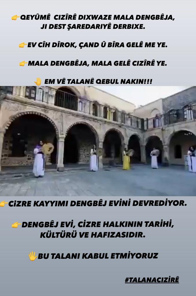 Cizre kayyımı tarihi dengbej evini tahsis etmesi ,Kürtlerin tarihi , kültürel hafızasına yönelik bir saldırıdır. #BuTalanıKabulEtmiyoruz