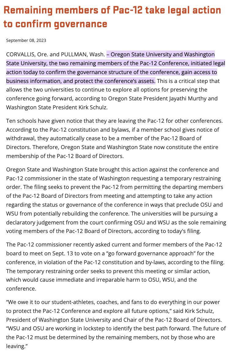 Full release from OSU and Wazzu. 'According to the Pac-12 constitution and bylaws, if a member school gives notice of withdrawal, they automatically cease to be a member of the Pac-12 Board of Directors.'
