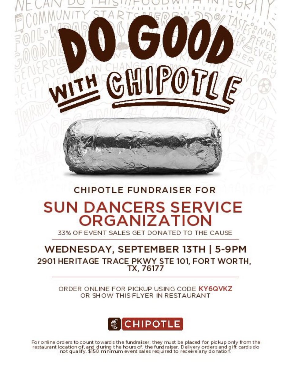 Sun Dancer Friends and Families! Please join us for one OR both spirit nights next week to help raise money for our trip to LA! 

Mention Sun Dancers at checkout! You can also do an online order for pick up at Chipotle using the code on the flyer.

Thank you for your support!☀️☀️