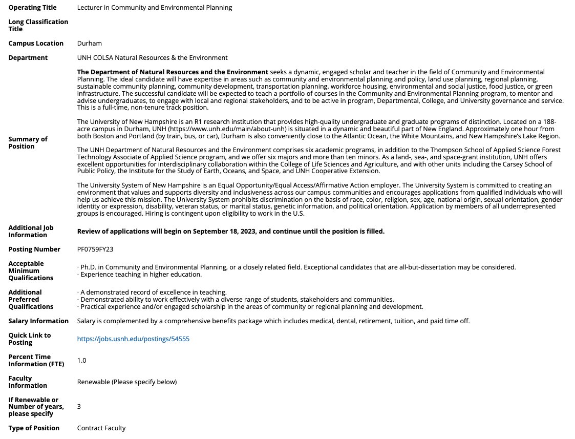 Please Retweet:  The University of New Hampshire is seeking a dynamic, engaged scholar and teacher in the field of Community  and Environmental Planning.  UNH is a great place to work!  jobs.usnh.edu/postings/57402
