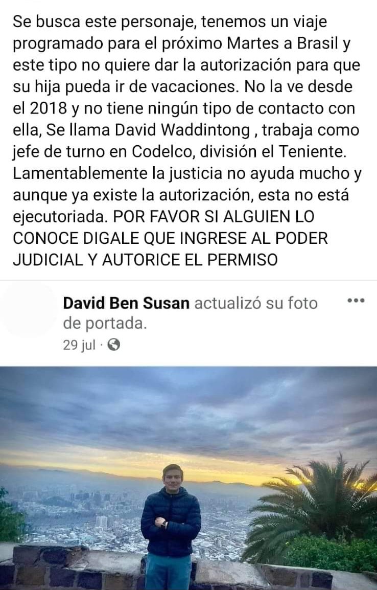 Masuesa's tweet photo. @CodelcoChile un encargado de sus divisiones no autoriza la salida del país de su hija que no ve hace más de 10 años!!!! Me parece inaceptable que alguien así trabaje para una empresa tan prestigiosa como la de uds. AYUDEN A DIFUNDIR !! #codelcochile #mineria #8DeSeptiembre https://t.co/JreBig6WDC