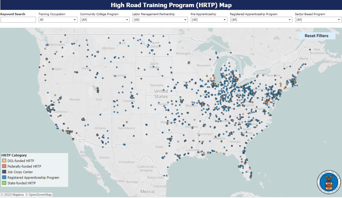 USDOL's tweet image. Have you seen our &quot;High Road to the Middle Class&quot; map? It spotlights training programs that prepare workers for good jobs in infrastructure, clean energy and manufacturing. dol.gov/general/good-j… #wkdev #WorkforceDevelopmentMonth