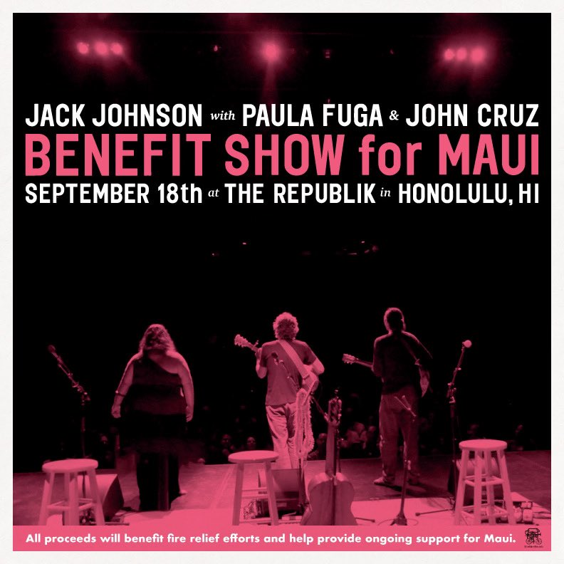 The ‘Benefit Show for Maui’ Sept 18 onsale today at 10am HST. The benefit show will be at The Republik in Honolulu, with Jack & special guests @PaulaFuga & John Cruz. All proceeds will benefit fire relief efforts & help provide ongoing support for Maui. seetickets.us/wafform.aspx?_…