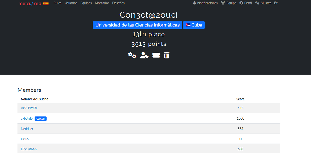 cyb3rds1's tweet photo. 🏆Con gran ímpetu comienza su participación el equipo #UCI C0n3ct@20uci 🇨🇺 en el CTF Internacional MetaRed TIC, obteniendo el lugar 🏅13 en la 1ra Etapa organizada por la @urjc. #SomosUci #SomosContinuidad @universidad_uci @raydelmp @monica_uci_f2 @MetaRedTIC https://t.co/NIR9tdRHDJ