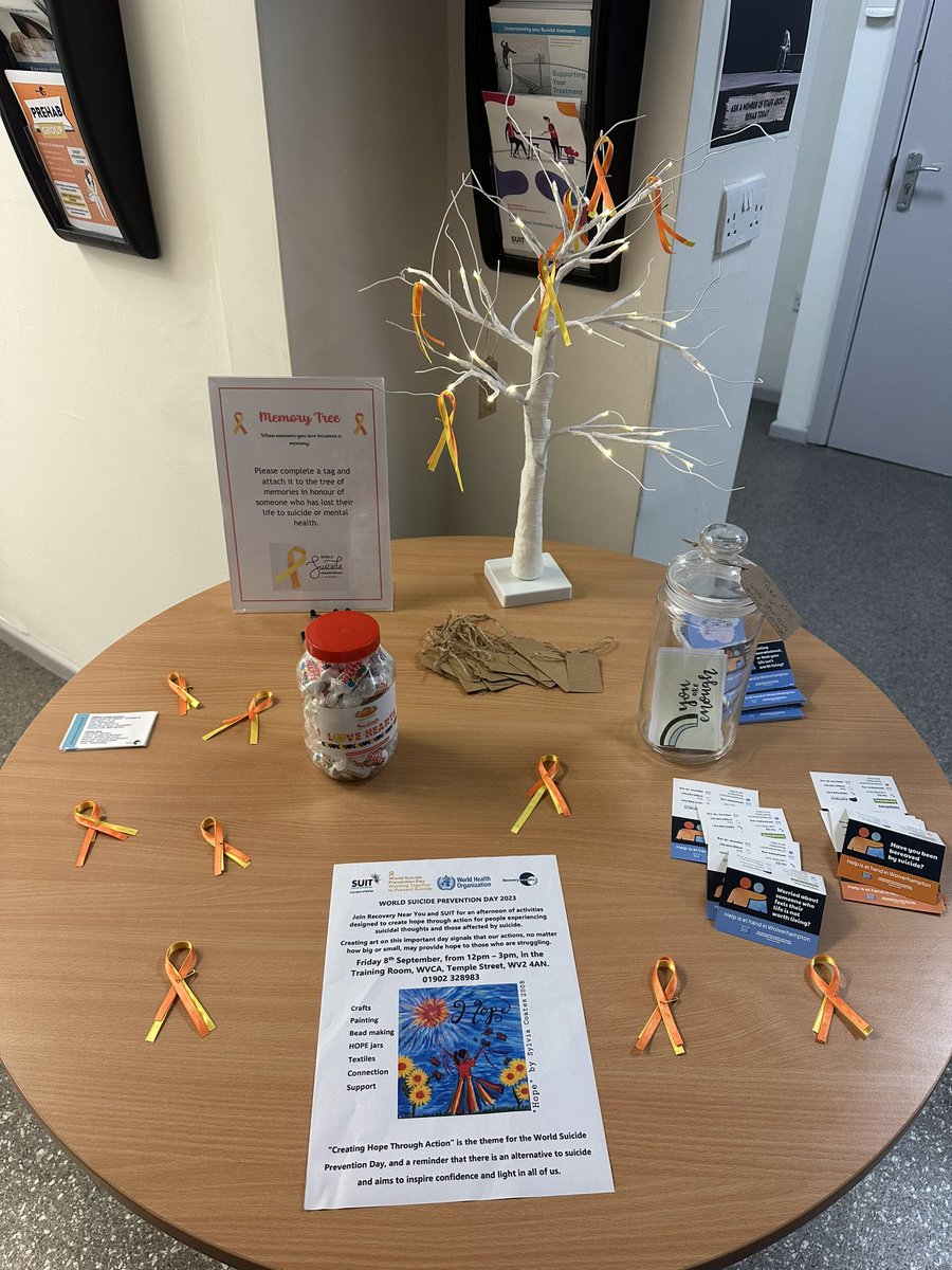 RecoveryNearYou's tweet photo. Following on from Wolverhamptons Suicide Prevention Event RNY are marking suicide prevention day on 10th September by having memory tree in reception, along with support numbers and information, a jar of hearts and a jar of hope 

#hopeagaisntsuicide #prevention #10/09/23 https://t.co/Zh9eBRLdng