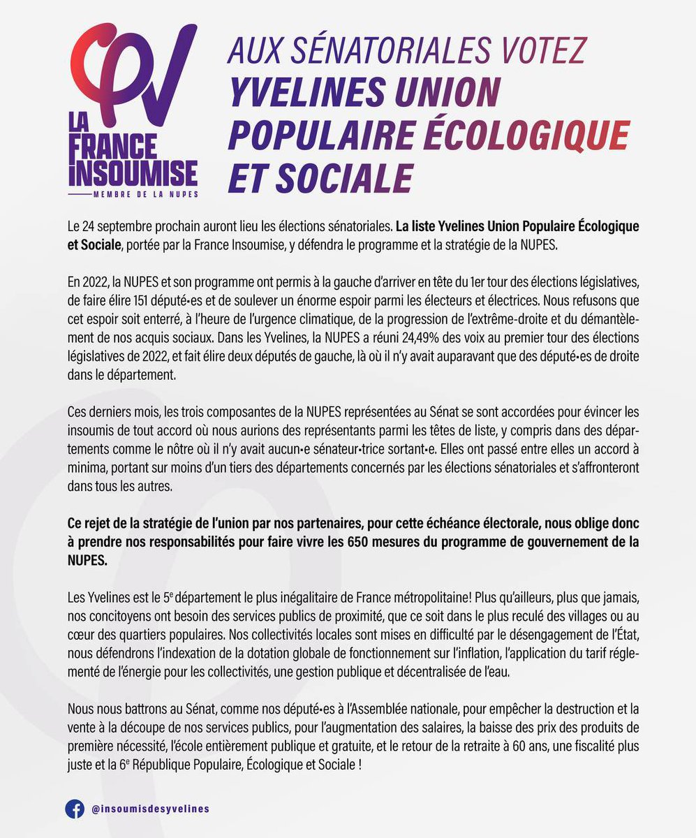 Très heureux et très fier d’être présent sur la liste Yvelines Union Populaire Écologique et Sociale menée par Sébastien Ramage et Catherine Lasserre pour les sénatoriales du 24/09 prochain.