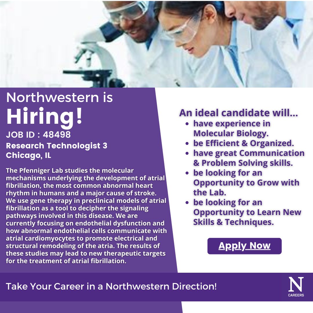 My lab is hiring! Looking for an experienced technician to support translational work deciphering the molecular mechanisms of atrial fibrillation. (Yes, AFib is fun!) Please share widely. careers.northwestern.edu/psp/hr857prd_e… #cardiovascular #research @NorthwesternMed