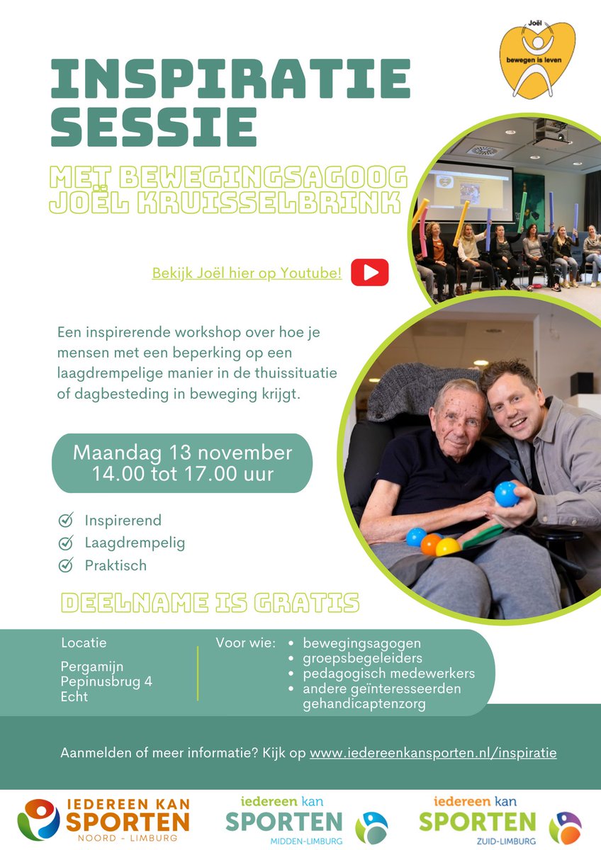 Inspiratiesessie met bewegingsagoog Joël Kruisselbrink bij <a href="/StPergamijn/">Stichting Pergamijn</a>! Kom jij ook?

#inspiratiesessie #workshop #bewegingsagoog #echt #zorg #bewegen #iedereenkansporten