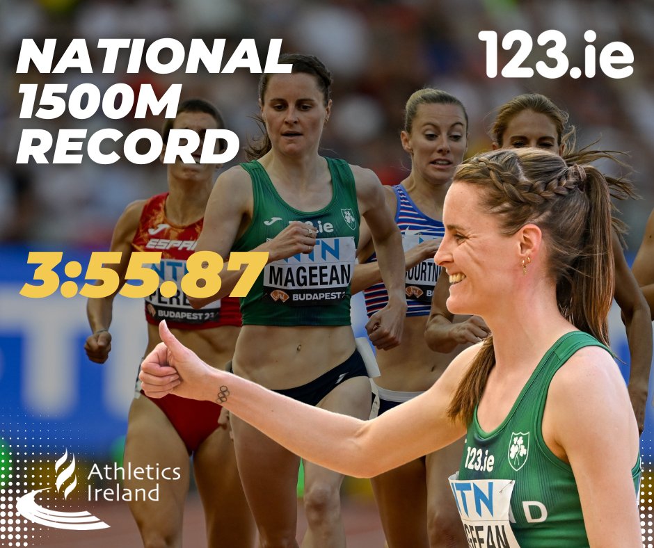💥NEW NATIONAL RECORD💥

Ciara Mageean continues her outstanding season by lowering her own Irish 1500m record with a stunning 3:55.87 at the Diamond League Meet in Brussels this evening🤩🙌

What a performance!!🙌🌟

Full result: tinyurl.com/npnkae4m

#DiamondLeague 💎