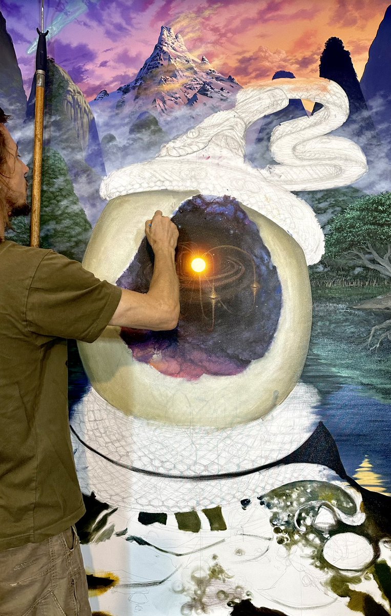 mearone's tweet photo. One of the oldest myths stem from the Siberian steppes of the crossroads of the world, a mysterious place where culture predates all known civilizations. The Cosmic Egg, a metaphor for the pattern we recognize as life. Inside this closed environment exists a reality unleashed when hatched; concentric layers undulate from nothingness revealing the perpetual cycles of birth & death. That which is forms from what was within, signifying how every part contains the whole as a living practice in thinking. An awareness of cause & effect was bestowed upon the ancients who engaged life rigorously in order to experience direct connection with the universal energies. 

In this primordial vision I paint one of our earliest God constructs, the serpent, mythologized as a symbol of knowledge. This same deity appears in Genesis as well many other serpent worshiping cultures around the world such as the Naga. It is often times seen taking on the form of a feathered serpent, like the dragon in ancient Chinese lore & Kukulkan/Quetzalcoatl as it is known to the Aztecs depicted throughout their stone temples & rock art carvings. 

Vedic teachings recognize this symbol as the Kundalini energy running through our spinal cord up into our brains tying our limbic system into the vast electromagnetic field of consciousness, while ancient Egyptian hieroglyphs in Dendera portray the serpent more literally as electricity itself. The fact that both Pharaohs & Shiva were so often depicted accompanied by this half-divine creature is more than just coincidence. 

Whether it is a 200k year old tale as told by the Vedas or 4.5 billion years old as some believe, the Cosmic Egg & Serpent is nonetheless a shared myth so ancient its become source, transcending time itself. Deep within there is gnosis waiting to be discovered. #cosmicegg #metaphysicalsurrealism