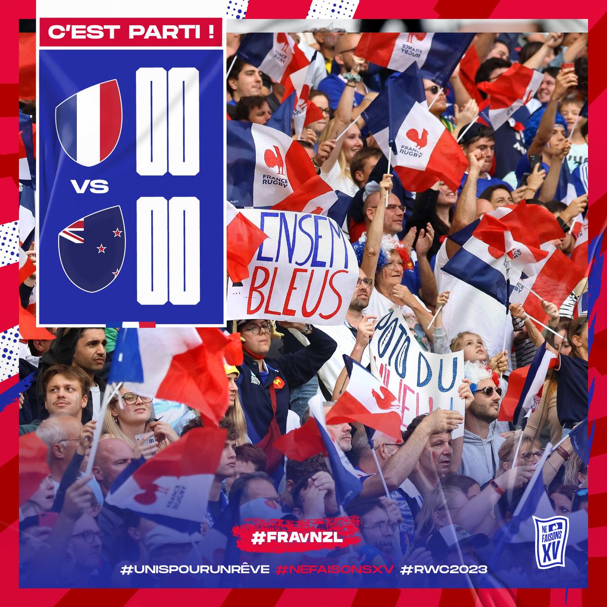 🇫🇷🇳🇿 𝐎𝐍 𝐘 𝐄𝐒𝐓 ! 😍 Le coup d'envoi de la Coupe du Monde est donné ! 🤩🔥

𝐀𝐋𝐋𝐄𝐄𝐄𝐄𝐙𝐙 𝐋𝐄𝐒 𝐁𝐋𝐄𝐔𝐔𝐔𝐔𝐒 !!! 💪🇫🇷 #UnisPourUnRêve #RWC2023 #FRAvNZL