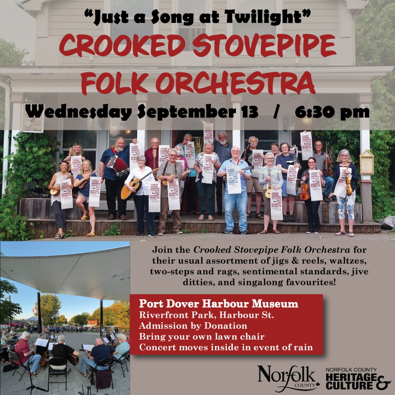 We hope you'll join us TOMORROW NIGHT in Riverfront Park (beside the museum) for our Crooked Stovepipe Folk Orchestra concert. Admission is by donation. Please bring your own chair and your most comfy shoes for toe-tapping. 😆 Concert starts at 6:30pm!
