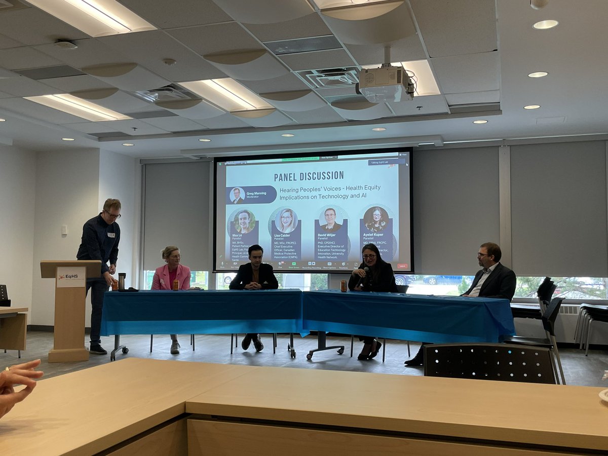 Thanks to @dr_lisa_lcalder @MaxLeOTT @ayeletkuper & @Wiljerd for leading a stimulating dialogue on health equity implications of AI and tech. Human problems are mirrored in the technology that we create & use. Thanks to @gregmanningmd for moderating. #EqHSLabSymposium