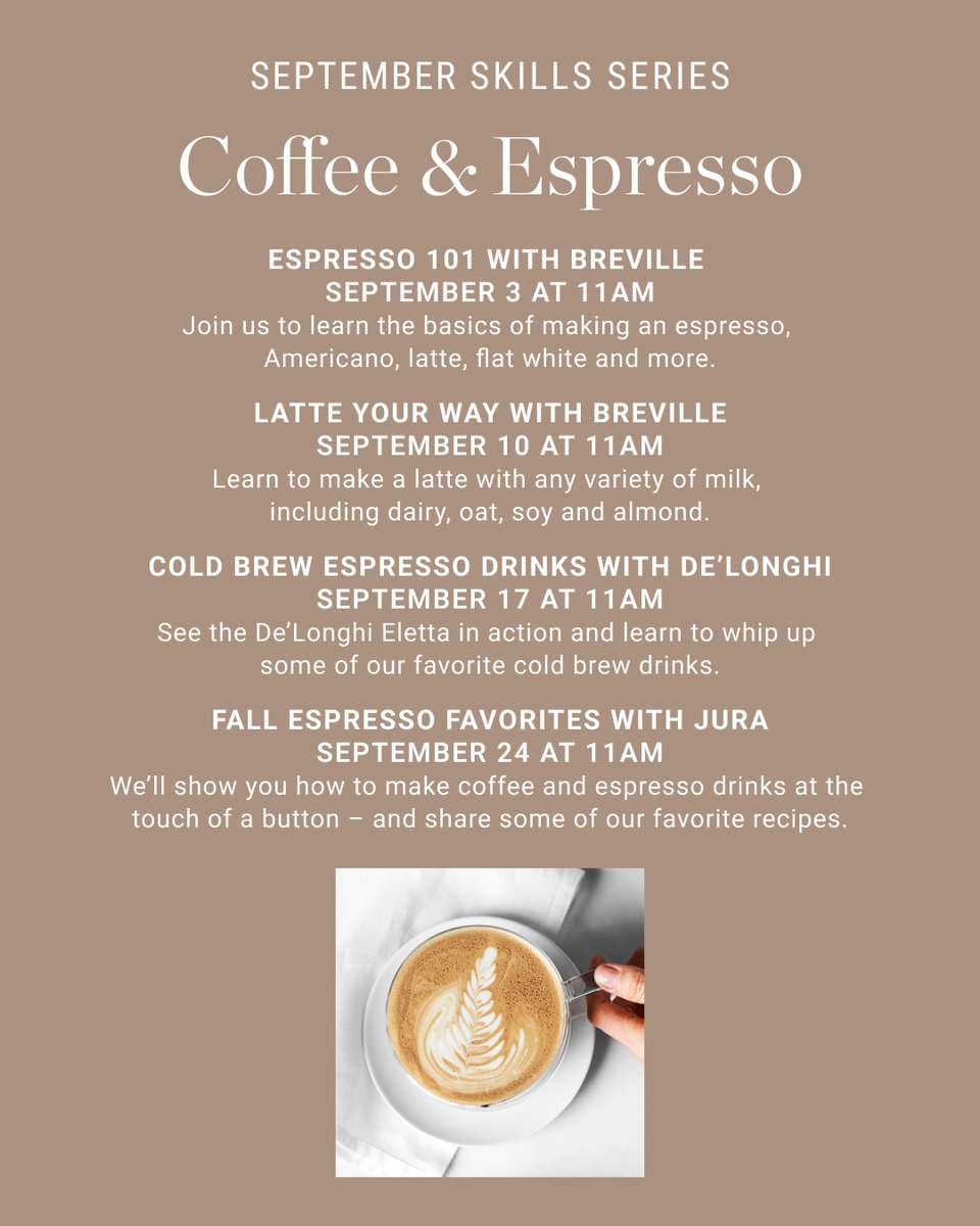 Williams Sonoma (@williamssonoma) on Twitter photo Learn to make coffee and espresso drinks at our in-store classes every Sunday this month. This week is all about the latte with any variety of milk.
Sign up for FREE Skill Series Classes: bit.ly/3DZoAKH
Shop <a href="/BrevilleUSA/">Breville USA</a> Barista Touch Impress: bit.ly/3Lb2RDS Learn to make coffee and espresso drinks at our in-store classes every Sunday this month. This week is all about the latte with any variety of milk.
Sign up for FREE Skill Series Classes: bit.ly/3DZoAKH
Shop <a href="/BrevilleUSA/">Breville USA</a> Barista Touch Impress: bit.ly/3Lb2RDS