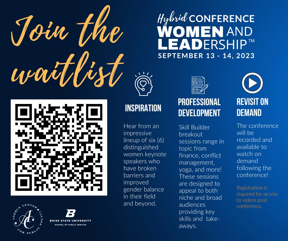 Are you still hoping to attend Women and Leadership in person? Join our waitlist! Submissions will no longer be accepted after MONDAY, SEPT. 11th at 5pm MT. Waitlist can be joined by following this link: tinyurl.com/3stm6x5j